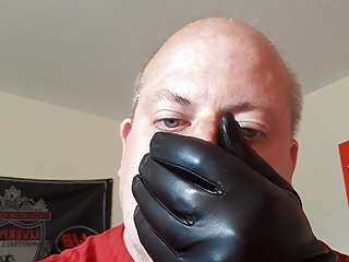 Horny leather gloves cum 