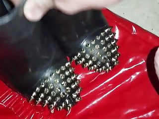 My blonde wife&#039;s gold spiked boots red pvc 