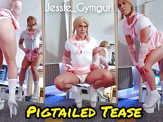 Pigtailed Tease- Crossdresser, Sissy Jessie teasing flaunting like a little fuckpuppet should