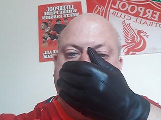 Leather gloves and cum