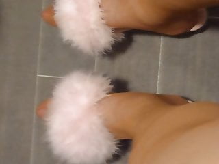 Tan Stockings &amp; Pink Fluffy Slippers