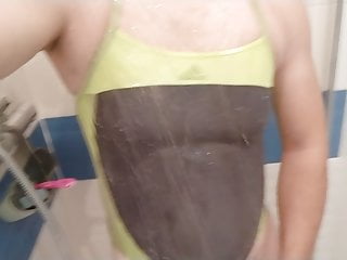 Crossdresser in one piece adidas swimsuit
