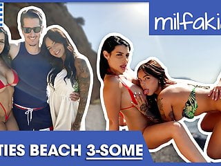Rosa &amp; Sofia enjoying dick &amp; pussy at the beach! Milfakia.com