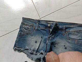 Cum jeans shorts of a slut