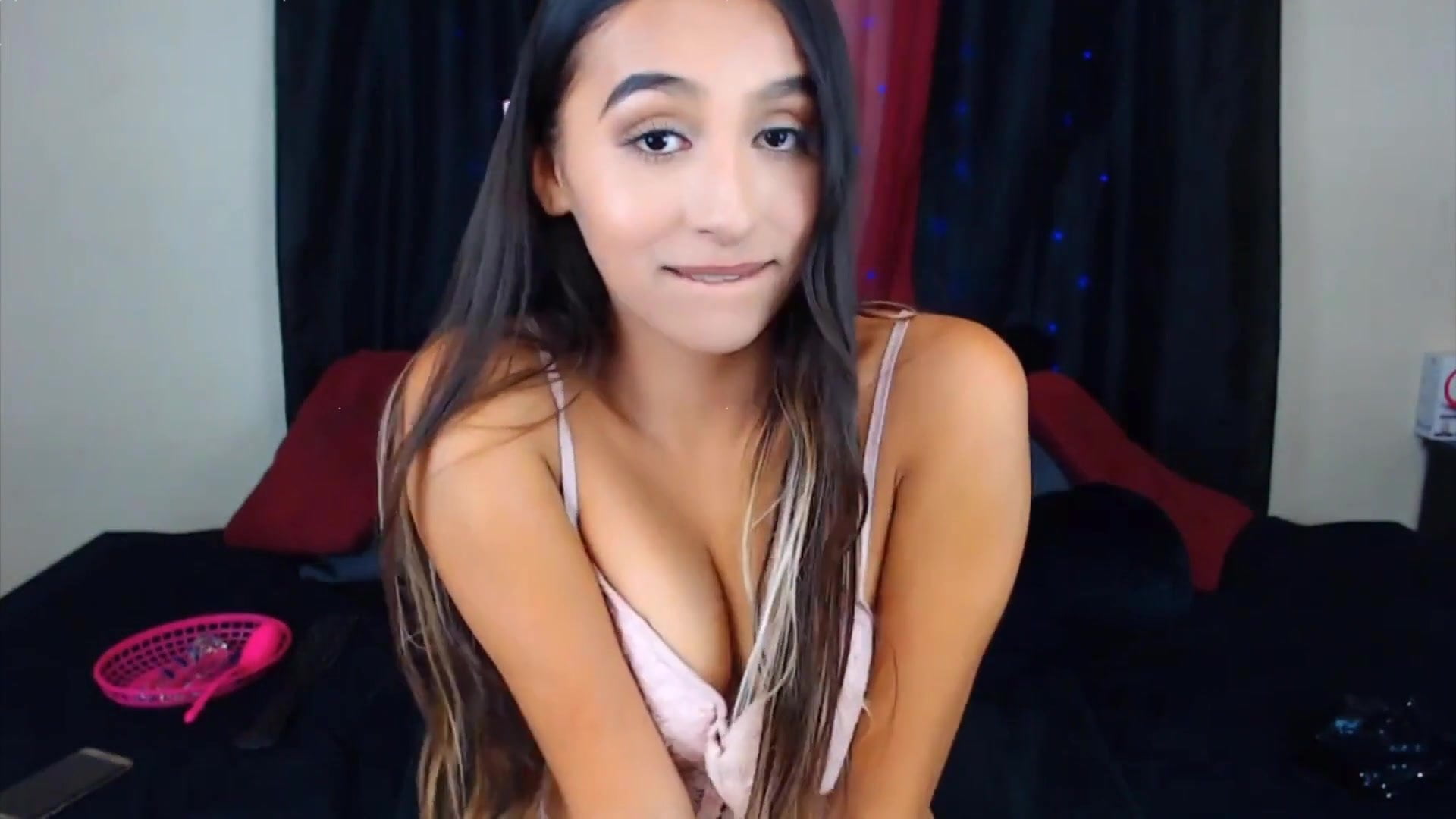 .Talkative tiny brunette with small tits and creamy pussy.