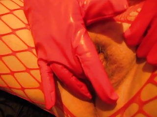 Wife likes masturbating in red pvc gloves - 1