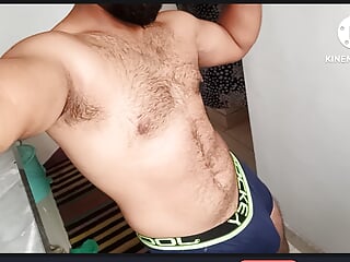 Indian Gym Trainer Showing his Hairy body bulge big cock and big ass in video call Underwear