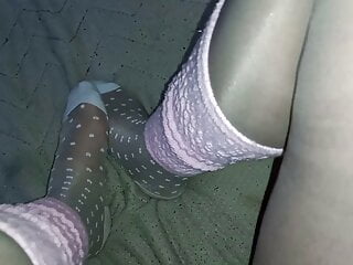Sissy Boy Feet in Cute White Nylon Socks Over Nylons