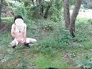 Japanese trap outdoors showing and cums