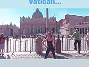 Alison Brie dancing in front of the Vatican