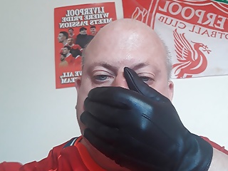 Leather gloves and cum...