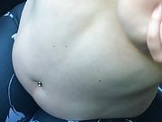 Rubbing cum on big boobs