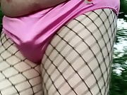 Morning walk in fishnet, pink panties