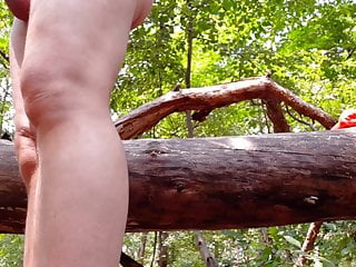 ... nackt im Wald am Baumstamm !