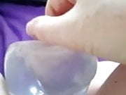 Wife stuffing thick crystal dildo