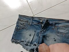 Cum jeans shorts of a slut