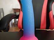 red jumpsuit fishnet plug pink and blue dildo that I suck and sodomize