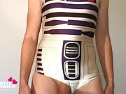 Sissy Transsexual Cums in Star Wars R2D2 Cosplay Swimsuit
