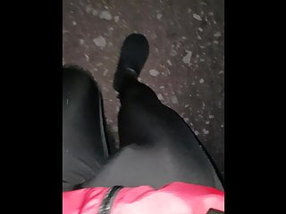 Walking with latex jogging thights with...
