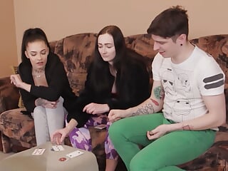 Strip Fuck Your Neighbour card game with two sexy girls and one guy