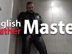 Leather daddy pisses in shower from uncut cock PREVIEW