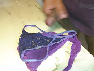Third cumshot on sexy purple thongs...