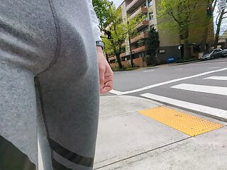 big dick freeballing public bulge in running tights