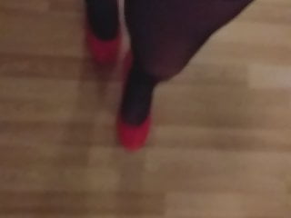 Mystery Ts Walking In Super High Heels Red Shiny Stockings...