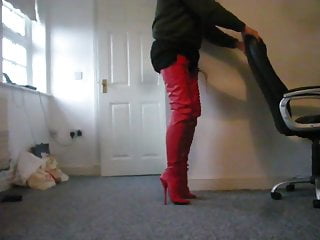 Standing In Red Crotch High Ballet Boots