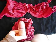 load of cum on red bra & panty