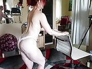 Chair yoga in a pink thong, big ass, sexy milf