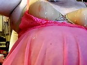 pink nigtie and tan bra covered in jizz